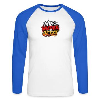 Nie Wieder Ist Jetzt – Energischer Streetstyle - Unisex Baseballshirt langarm - Weiß/Royalblau - Vorne - Nik (191cm)