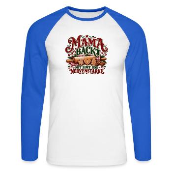 Mama backt – Mit Zimt und Nervenstärke Weihnachten - Unisex Baseballshirt langarm - Weiß/Royalblau - Vorne - Nik (191cm)