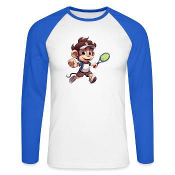 Tennis spielender Affe Schimpanse Cartoon - Unisex Baseballshirt langarm - Weiß/Royalblau - Vorne - Nik (191cm)
