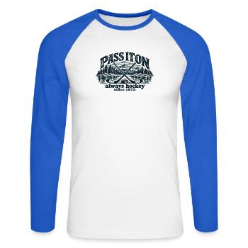 Eishockey Shirt Retro - Always Hockey - Unisex Baseballshirt langarm - Weiß/Royalblau - Vorne - Nik (191cm)
