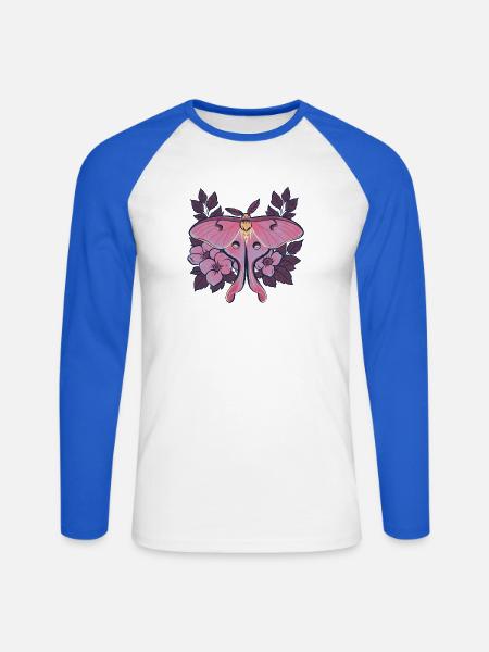 Pink Moon Moth im Blumenrahmen - Unisex Baseballshirt langarm - Weiß/Royalblau