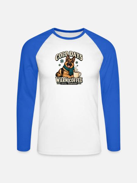 Schäferhund mit Kaffee – Kalte Tage Warmer Kaffee - Unisex Baseballshirt langarm - Weiß/Royalblau