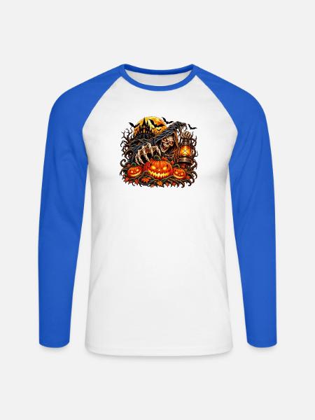 Grim Reaper Halloween Kürbis-Szene - Unisex Baseballshirt langarm - Weiß/Royalblau