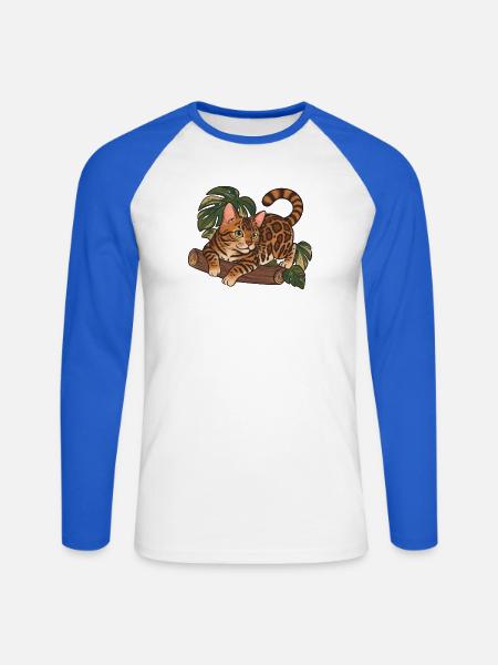Bengal-Katze auf Baumstamm-Dschungel-Illustration - Unisex Baseballshirt langarm - Weiß/Royalblau
