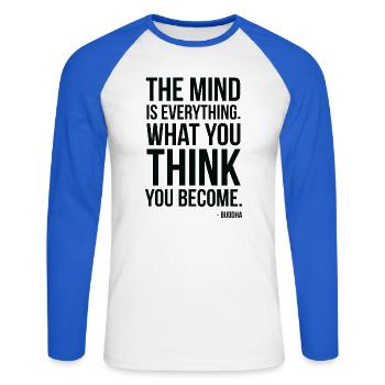 Buddha Mind Is Everything Zitattypografie - Unisex Baseballshirt langarm - Weiß/Royalblau - Vorne - Nik (191cm)