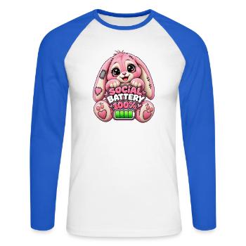 Social Battery Hoppelbunny 100% - Unisex Baseballshirt langarm - Weiß/Royalblau - Vorne - Nik (191cm)