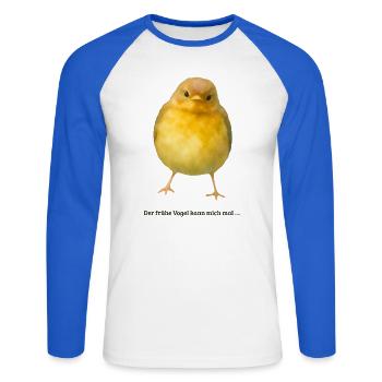 Frecher Vogel Der frühe Vogel kann mich mal - Unisex Baseballshirt langarm - Weiß/Royalblau - Vorne - Nik (191cm)