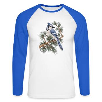 Blauer Eichelhäher auf Kiefernzweigen - Unisex Baseballshirt langarm - Weiß/Royalblau - Vorne - Nik (191cm)