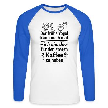Früher Vogel später Kaffee - Unisex Baseballshirt langarm - Weiß/Royalblau - Vorne - Nik (191cm)