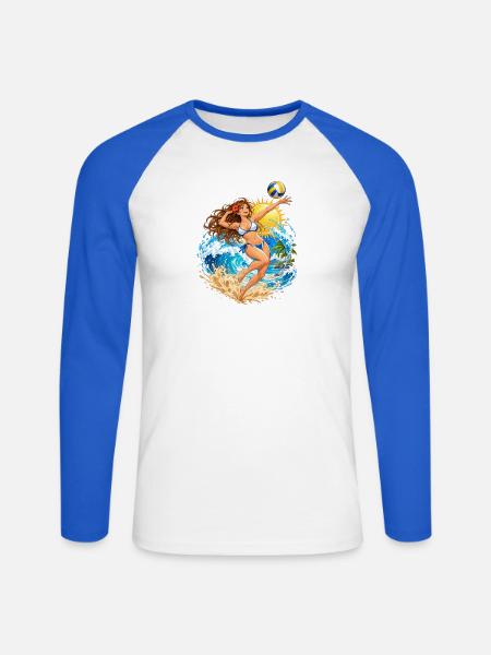 Einzel-Mädchen-Volleyballaufschlag - Unisex Baseballshirt langarm - Weiß/Royalblau