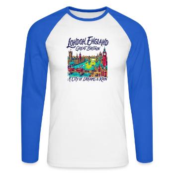 City London Iconic Capital Skyline With Red Buses - Unisex Baseballshirt langarm - Weiß/Royalblau - Vorne - Nik (191cm)