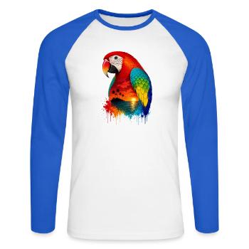 Tropical Sunset Palm Sea Beach Parrot Papagei - Unisex Baseballshirt langarm - Weiß/Royalblau - Vorne - Nik (191cm)