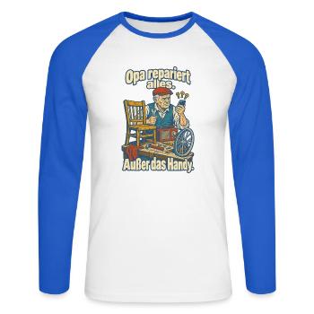 Opa repariert alles außer Handy - Unisex Baseballshirt langarm - Weiß/Royalblau - Vorne - Nik (191cm)