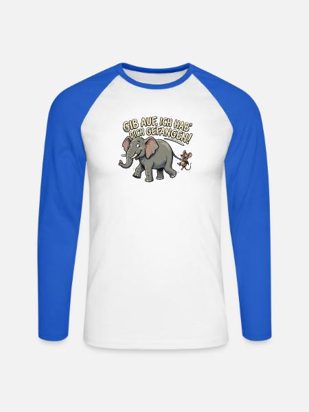 Maus fängt Elefant, lustiger Spruch - Unisex Baseballshirt langarm - Weiß/Royalblau
