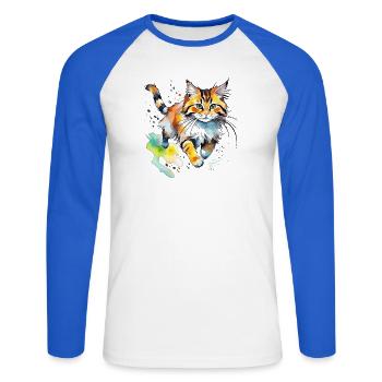 springende  Katze im wasserfarbenlook - Unisex Baseballshirt langarm - Weiß/Royalblau - Vorne - Nik (191cm)