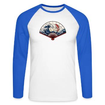 Japanischer Fächer Wellen Koi Fisch Vektor Shirt - Unisex Baseballshirt langarm - Weiß/Royalblau - Vorne - Nik (191cm)