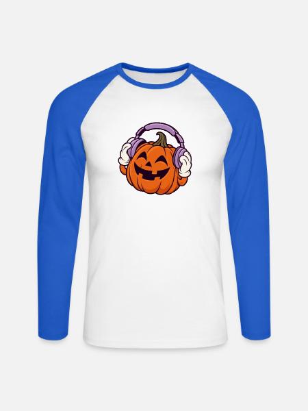 Kopfhörer-Kürbis Halloween-Design - Unisex Baseballshirt langarm - Weiß/Royalblau
