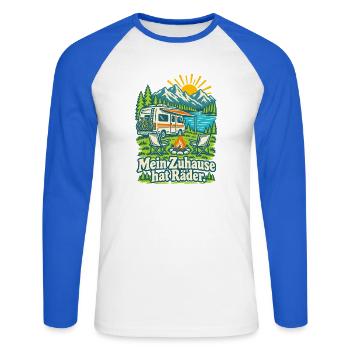 Mein Zuhause hat Räder Wohnmobil - Unisex Baseballshirt langarm - Weiß/Royalblau - Vorne - Nik (191cm)