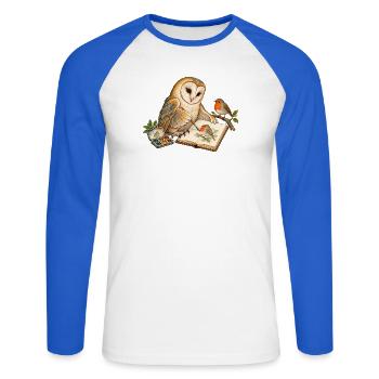 Eule malt ein Rotkehlchen - Unisex Baseballshirt langarm - Weiß/Royalblau - Vorne - Nik (191cm)