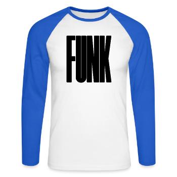 Bold Funk Music Logo - Unisex Baseballshirt langarm - Weiß/Royalblau - Vorne - Nik (191cm)