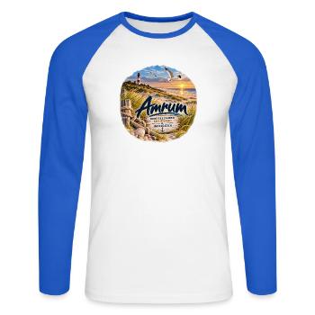 Amrum Nordseezauber Strandglück - Unisex Baseballshirt langarm - Weiß/Royalblau - Vorne - Nik (191cm)