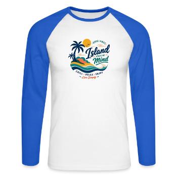 Island Mind – Gute Vibes Insel - Unisex Baseballshirt langarm - Weiß/Royalblau - Vorne - Nik (191cm)