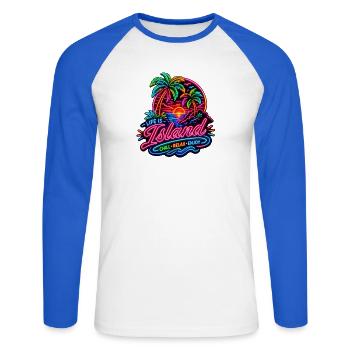 Neon Insel Sunset Relax - Unisex Baseballshirt langarm - Weiß/Royalblau - Vorne - Nik (191cm)