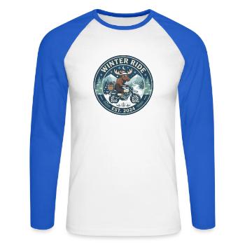 Winterfahrt: Elch auf Motorrad - Unisex Baseballshirt langarm - Weiß/Royalblau - Vorne - Nik (191cm)