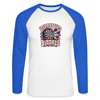 Dart Neon Showdown - Unisex Baseballshirt langarm - Weiß/Royalblau - Vorne - Nik (191cm)