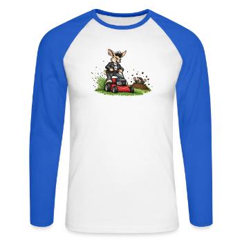 Hase auf Rasenmäher – witziges Waldduo - Unisex Baseballshirt langarm - Weiß/Royalblau - Vorne - Nik (191cm)
