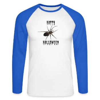 Happy Halloween Spinne - Gruselschrift - Unisex Baseballshirt langarm - Weiß/Royalblau - Vorne - Nik (191cm)