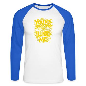 Graffiti Slogan: You're Starting to Illinois Me - Unisex Baseballshirt langarm - Weiß/Royalblau - Vorne - Nik (191cm)