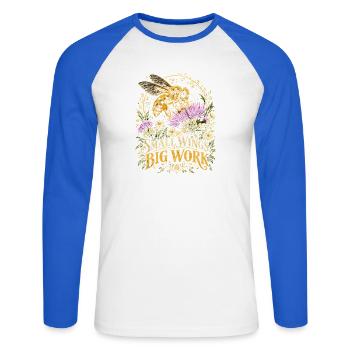 Kleine Flügel Großes Werk - Unisex Baseballshirt langarm - Weiß/Royalblau - Vorne - Nik (191cm)