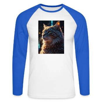 Sternenpfote: Neon-Katze im Licht - Unisex Baseballshirt langarm - Weiß/Royalblau - Vorne - Nik (191cm)
