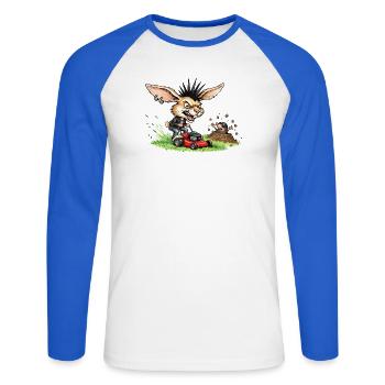 Punk Hase mit Rasenmäher gegen Maulwurf - Unisex Baseballshirt langarm - Weiß/Royalblau - Vorne - Nik (191cm)