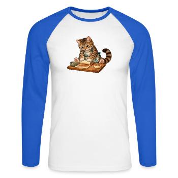 Katze rollt Zimtschnecken - Unisex Baseballshirt langarm - Weiß/Royalblau - Vorne - Nik (191cm)