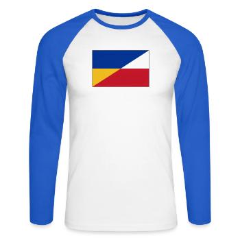 Ukraine-Polnische Flagge – Ukrainische und Polnische Einheit - Unisex Baseballshirt langarm - Weiß/Royalblau - Vorne - Nik (191cm)