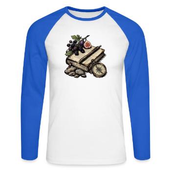 Botanisches Reisebuch - Unisex Baseballshirt langarm - Weiß/Royalblau - Vorne - Nik (191cm)