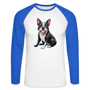 Boston Terrier Hundesitting - Unisex Baseballshirt langarm - Weiß/Royalblau - Vorne - Nik (191cm)