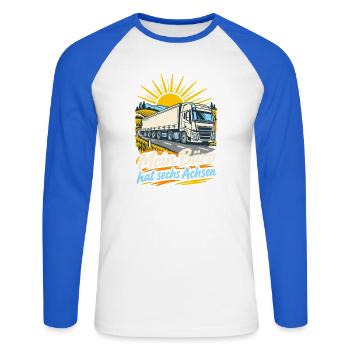 Mein Büro hat sechs Achsen LKW - Unisex Baseballshirt langarm - Weiß/Royalblau - Vorne - Nik (191cm)