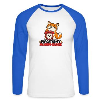 Meine Katze ist mein Wecker-lustiger Katzenliebhaber - Unisex Baseballshirt langarm - Weiß/Royalblau - Vorne - Nik (191cm)