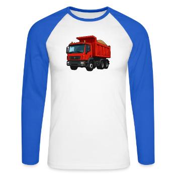 Roter Kipplader Cartoon-Design - Unisex Baseballshirt langarm - Weiß/Royalblau - Vorne - Nik (191cm)