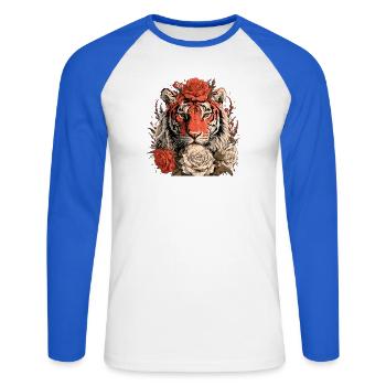 Tiger mit Blumenkrone - Unisex Baseballshirt langarm - Weiß/Royalblau - Vorne - Nik (191cm)