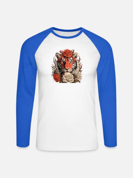 Tiger mit Blumenkrone - Unisex Baseballshirt langarm - Weiß/Royalblau