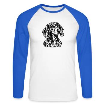 Dackel Porträt – Schwarz Weiß Gravur - Unisex Baseballshirt langarm - Weiß/Royalblau - Vorne - Nik (191cm)