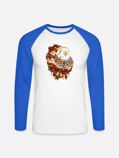 Weihnachtsmonddorf und Sterne - Unisex Baseballshirt langarm - Weiß/Royalblau