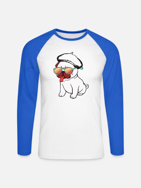 Dummer Zungen-Mops - Unisex Baseballshirt langarm - Weiß/Royalblau