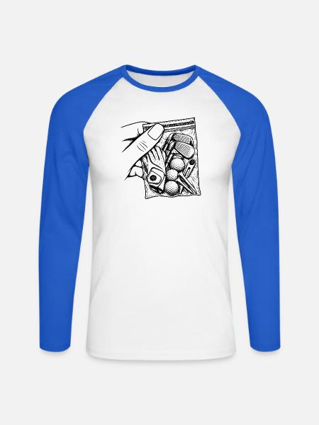 Suchtgolf – Sackschläger, Ballhandschuh und Abschlag - Unisex Baseballshirt langarm - Weiß/Royalblau