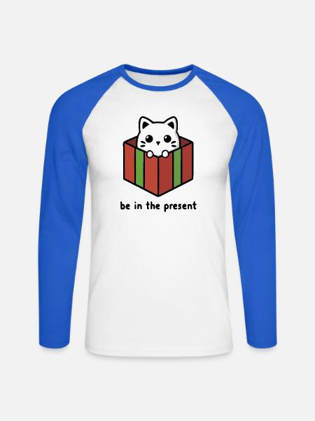 Sei in der Gegenwart, Katze - Unisex Baseballshirt langarm - Weiß/Royalblau