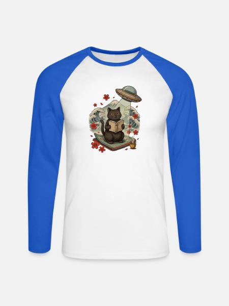 Katze liest Buch unter einem UFO - Unisex Baseballshirt langarm - Weiß/Royalblau